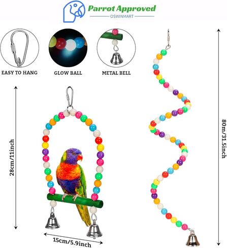 2PCs Swing Parrot Toy Spiral Perch Bird Cage Toy Colorful Wood and Glow Beads with Metal Bell for Small to Regular Parrot Parakeets,Macaw,Conure, Cockatiel, Finchess in Kuwait