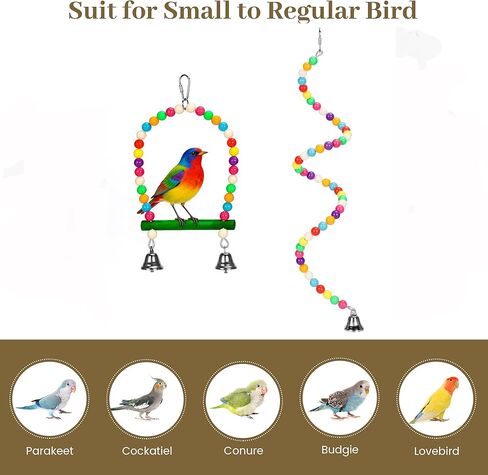 2PCs Swing Parrot Toy Spiral Perch Bird Cage Toy Colorful Wood and Glow Beads with Metal Bell for Small to Regular Parrot Parakeets,Macaw,Conure, Cockatiel, Finchess in Kuwait
