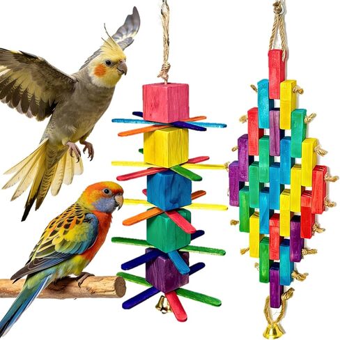 2Pcs Parrot Toys - Natural Wooden Blocks Bird Chewing Toys, Colorful Bird Cage Accessories for Parakeets Cockatiels Lovebirds Conures in Saudi Arabia