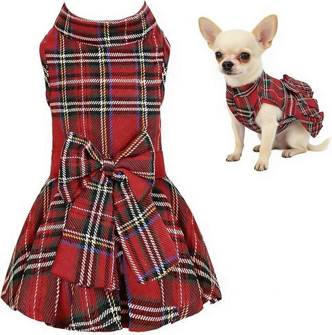 Classic Plaid Dog Dress with Bow Tie for Small Dogs Cats Girls, Cute Puppy Dresses Clothes with Bowknot Chihuahua French Bulldog Pet Apparel Outfits (Chestnut Brown, Large) in Kuwait