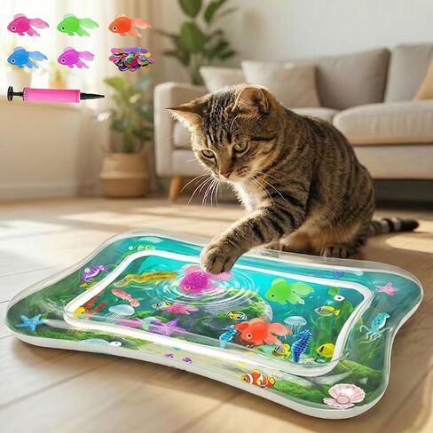 Interactive Cat Toy for indoor Cats, Upgraded Cat Water Mat with Fish - Thickened 0.7mm Enrichment Stimulating Water Sensory Play Mat, Water Bed Toys for Bored Adult Kitten Cats to Exercise & Hunting in Kuwait