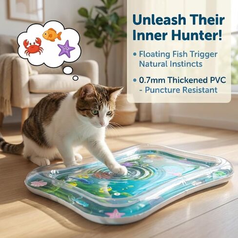 Interactive Cat Toy for indoor Cats, Upgraded Cat Water Mat with Fish - Thickened 0.7mm Enrichment Stimulating Water Sensory Play Mat, Water Bed Toys for Bored Adult Kitten Cats to Exercise & Hunting in Kuwait