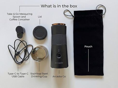 ماكينة صنع القهوة التركية المحمولة القابلة لإعادة الشحن من أركاديا جو - تعمل بمنفذ USB-C، مدمجة ولاسلكية، مثالية للاستخدام في الهواء الطلق، والسفر، والتخييم، وتخمير المكتب والمنزل (أسود ليلي) in Kuwait