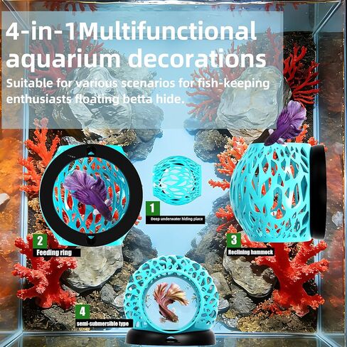 Floating Betta Hideout Cave for Aquarium, Multi-Function Resting Hammock & Shrimp Feeder with Fish Feeding Ring, Betta Fish Tank Accessories, Aquarium Decor & Fish Tank Decor（Ice Blue） in Kuwait