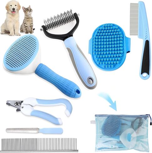Dog Brush Dog Grooming Kit 7PCS Dog Brush for Shedding-Dog Brushes for Grooming, Dematting Comb for Dogs, Cat Nail Clipper with Nail File, Flea Comb, Pet Comb, Pet Bath Brush-Blue in Kuwait