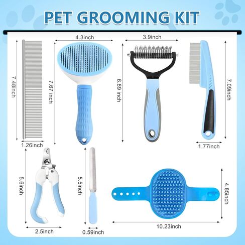 Dog Brush Dog Grooming Kit 7PCS Dog Brush for Shedding-Dog Brushes for Grooming, Dematting Comb for Dogs, Cat Nail Clipper with Nail File, Flea Comb, Pet Comb, Pet Bath Brush-Blue in Kuwait