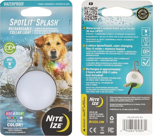 Nite Ize SpotLit Splash ضوء طوق قابل لإعادة الشحن مقاوم للماء - يدعم الرؤية أثناء المشي ليلاً - أربعة ألوان في وضع القرص المتوهج أو الفلاش أو تغيير اللون - مقاوم للماء وغاطس - تقنية القرص O in Kuwait