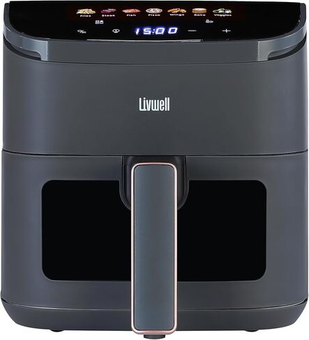 LIVWELL Smart Touch 8-Quart Air Fryer with LED Touch Screen & Stainless Steel Glass Window Basket | 12 Presets, PFOA & PFAS-Free | Grey with Stainless Steel Accents in Kuwait