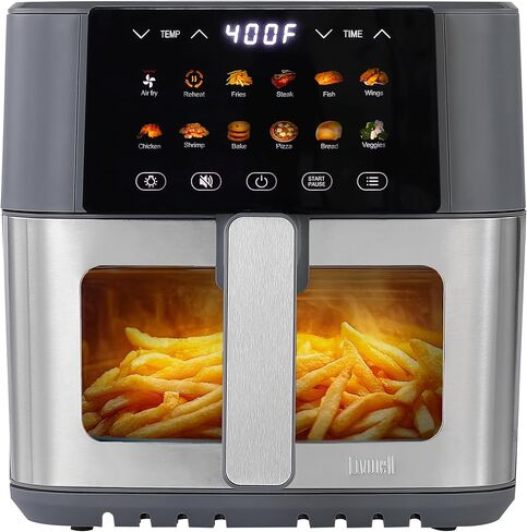 LIVWELL Smart Touch 8-Quart Air Fryer with LED Touch Screen & Stainless Steel Glass Window Basket | 12 Presets, PFOA & PFAS-Free | Grey with Stainless Steel Accents in Kuwait