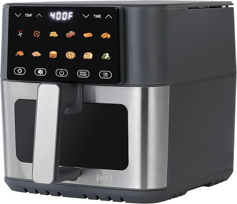 LIVWELL Smart Touch 8-Quart Air Fryer with LED Touch Screen & Stainless Steel Glass Window Basket | 12 Presets, PFOA & PFAS-Free | Grey with Stainless Steel Accents in Kuwait