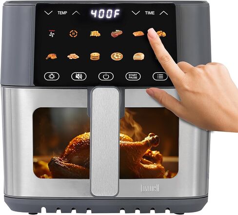 LIVWELL Smart Touch 8-Quart Air Fryer with LED Touch Screen & Stainless Steel Glass Window Basket | 12 Presets, PFOA & PFAS-Free | Grey with Stainless Steel Accents in Kuwait