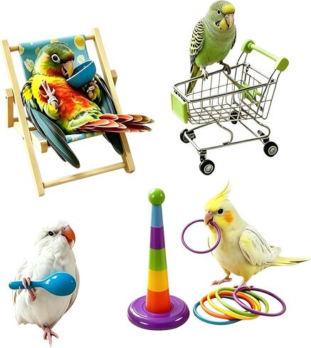 DRESSO 4 PCS Parrot Intelligence Toy, Bird Training Toys Sets for Parakeet, Bird Puzzles Toy for Cockatiel Conure Lovebird, Shopping Cart, Perch Chair, Small Sand Hammer, Ring Stacker Toy in Kuwait