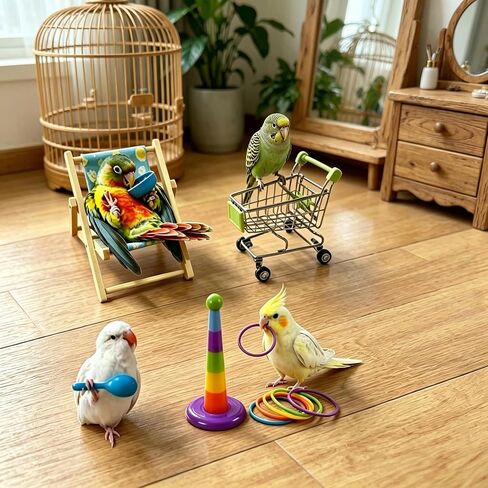 DRESSO 4 PCS Parrot Intelligence Toy, Bird Training Toys Sets for Parakeet, Bird Puzzles Toy for Cockatiel Conure Lovebird, Shopping Cart, Perch Chair, Small Sand Hammer, Ring Stacker Toy in Kuwait