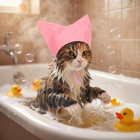 Adjustable Pet Shower Cap, Waterproof Cat Bath Cap with Cute Ears, Reusable Dog Ear Protection for Cats Dogs Small Pets Kitten Puppy, Pink in Kuwait