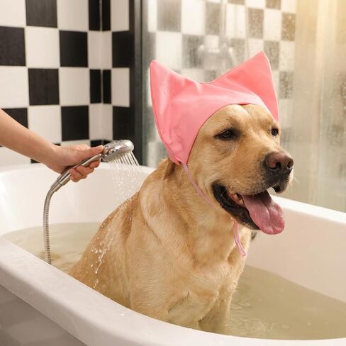 Adjustable Pet Shower Cap, Waterproof Cat Bath Cap with Cute Ears, Reusable Dog Ear Protection for Cats Dogs Small Pets Kitten Puppy, Pink in Kuwait