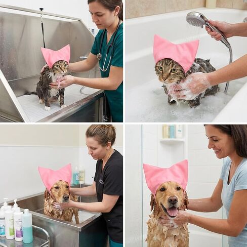 Adjustable Pet Shower Cap, Waterproof Cat Bath Cap with Cute Ears, Reusable Dog Ear Protection for Cats Dogs Small Pets Kitten Puppy, Pink in Kuwait