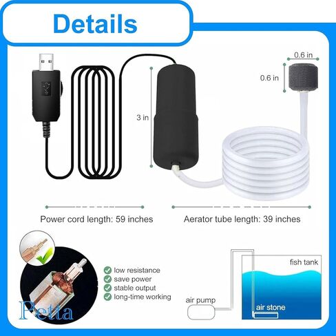 USB Adjustable Oxygen Air Pump for Aquarium, Quiet Mini Air Pump with 1 Mini Single Sponge Filter, 1 Air Stone for Shirmp Nano Fish Tank & Transporting Aquatic PA153-2 in Saudi Arabia