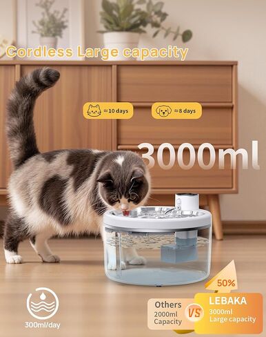 Wireless Cat Water Fountain [with Stainless Steel Tray], 102oz/3L Pet Fountain for Cats Inside, Cat Fountain for Drinking with Motion Sensor, Ultra Quiet for Small Animals-[BPA-Free] (102oz+2Filters) in Kuwait