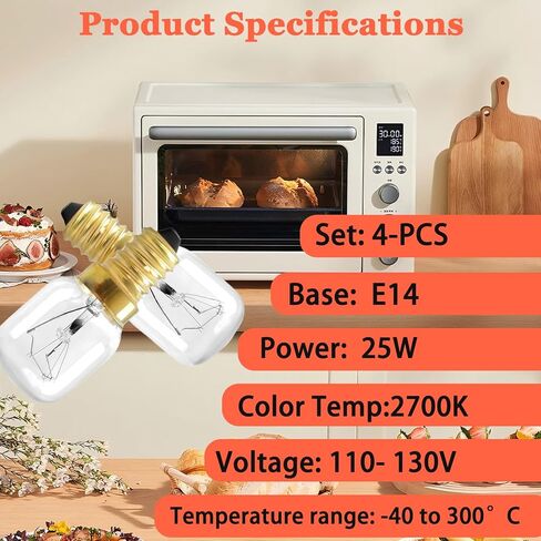4 قطع WPW10412711 لمبات فرن الميكروويف، E14 25W 2700K 110V ~ 130V لمبات الميكروويف، مناسبة للدوامة، Maytag، Amana، IKEA AP6021092 PS11754413 EAP11754413 لمبة مقاومة لدرجة الحرارة العالية 300 درجة مئوية in Kuwait
