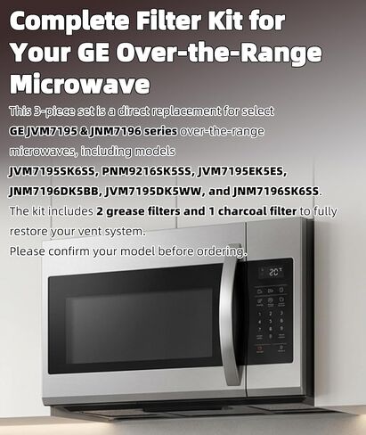 مجموعة مرشحات الميكروويف المكونة من 3 قطع تناسب GE JVM7195SK6SS، PNM9216SK5SS، JVM7195EK5ES JNM7196DK5BB، JVM7195DK5WW، JNM7196SK6SS - جزء بديل لشحوم فرن الميكروويف وفلتر الفحم، شبكة من الألومنيوم in Kuwait