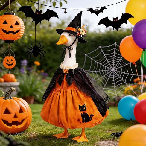 Halloween Porch Goose Outfits, Pumpkin Witch Black Cat Dress with Hat for 23'' Lawn Cement Plastic Goose Cute Porch Goose Outfit for Outdoor Garden Yard Decor (Halloween Pumpkin Cat, 23 Inch) in Saudi Arabia