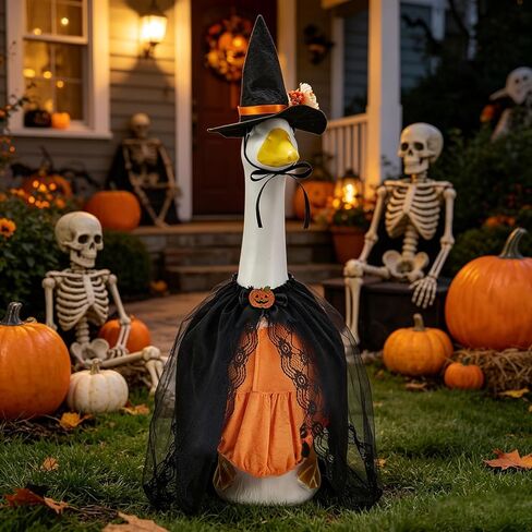 Halloween Porch Goose Outfits, Pumpkin Witch Black Cat Dress with Hat for 23'' Lawn Cement Plastic Goose Cute Porch Goose Outfit for Outdoor Garden Yard Decor (Halloween Pumpkin Cat, 23 Inch) in Saudi Arabia