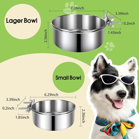 2 Pack Dog Crate Water Bowl No Spill, Stainless Steel Dog Bowls for Food and Water, Pet Kennel Hanging Dogs Food Bowls for Medium/Large Dogs and Cats (7.1"x2.6" & 6.3"*2.6", Silver) in Saudi Arabia
