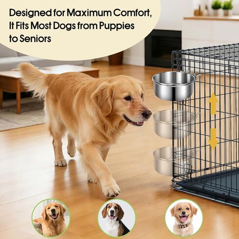 2 Pack Dog Crate Water Bowl No Spill, Stainless Steel Dog Bowls for Food and Water, Pet Kennel Hanging Dogs Food Bowls for Medium/Large Dogs and Cats (7.1"x2.6" & 6.3"*2.6", Silver) in Saudi Arabia