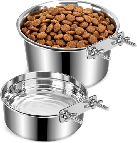 2 Pack Dog Crate Water Bowl No Spill, Stainless Steel Dog Bowls for Food and Water, Pet Kennel Hanging Dogs Food Bowls for Medium/Large Dogs and Cats (7.1"x2.6" & 6.3"*2.6", Silver) in Saudi Arabia
