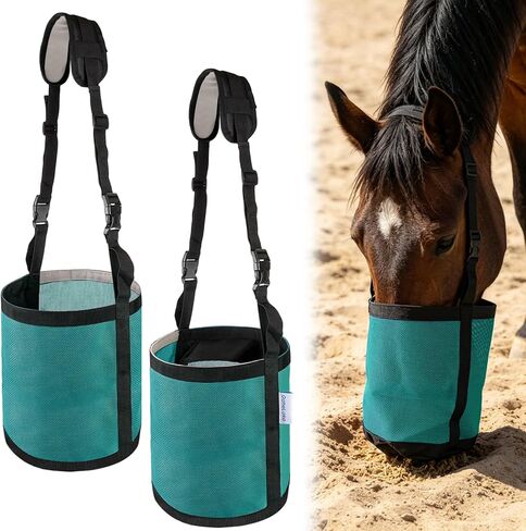 Horse Feed Bag for Grain, Breathable Muzzle Feed Bags for Horses, Universal Mesh Feedbag for Feeding Grain, Anti-Spill Design Feeder, Durable Nose Bag with Solid Bottom (Turquoise) in Kuwait