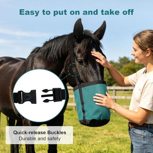 Horse Feed Bag for Grain, Breathable Muzzle Feed Bags for Horses, Universal Mesh Feedbag for Feeding Grain, Anti-Spill Design Feeder, Durable Nose Bag with Solid Bottom (Turquoise) in Kuwait