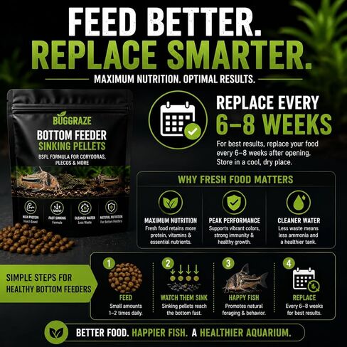 Bottom Feeder Fish Food – Sinking BSFL Pellets for Corydoras, Plecos & Loaches – High Protein Insect-Based Aquarium Fish Diet – BugGraze in Kuwait
