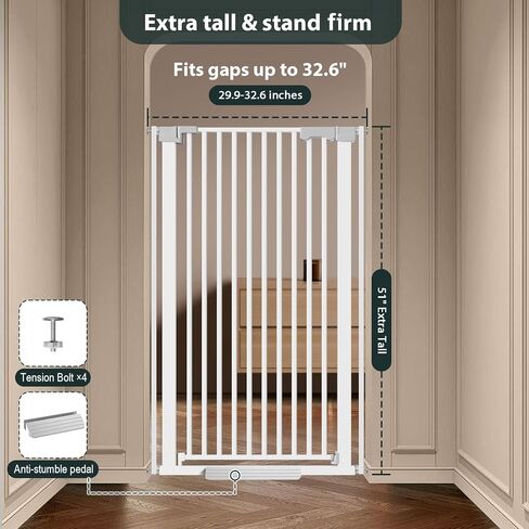 51'' Extra Tall Cat Gate Barrier for Doorways Hallways, Pressure Mounted Pet Dog Gates No Drilling Easy Walk Thru, Cat Fence Indoor Climb Proof 30-33'' Wide (White) in Kuwait