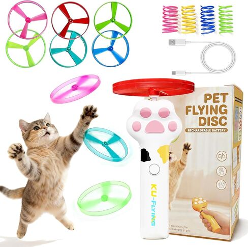Cat & Small Dog Disc Launcher Toy, Rechargeable Flying Spinner Fetch Interactive Pet Toy with LED Lights, Adjustable Launch Control for Indoor Outdoor Play (White) in Kuwait