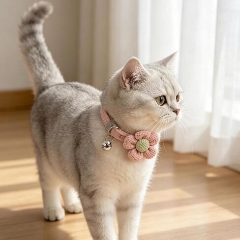 Pet Products 1Pc Cat Collar with Cute Flower Adjustable Buckle Collar Bell Cat Small Supplies Kitten(Pink) in Kuwait