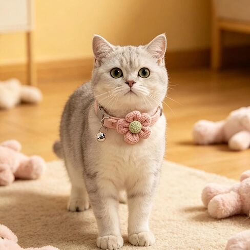 Pet Products 1Pc Cat Collar with Cute Flower Adjustable Buckle Collar Bell Cat Small Supplies Kitten(Pink) in Kuwait