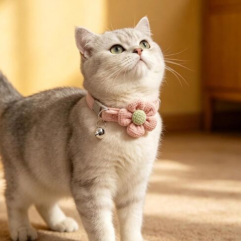 Pet Products 1Pc Cat Collar with Cute Flower Adjustable Buckle Collar Bell Cat Small Supplies Kitten(Pink) in Kuwait