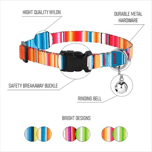 BRONZEDOG Breakaway Nylon Cat Collar with Bell 2 PCS Aztec Tribal Pattern Safety Collars for Cats Kitten Girl Boy (Aztec Sunrize & Southwest Lime Green) in Kuwait