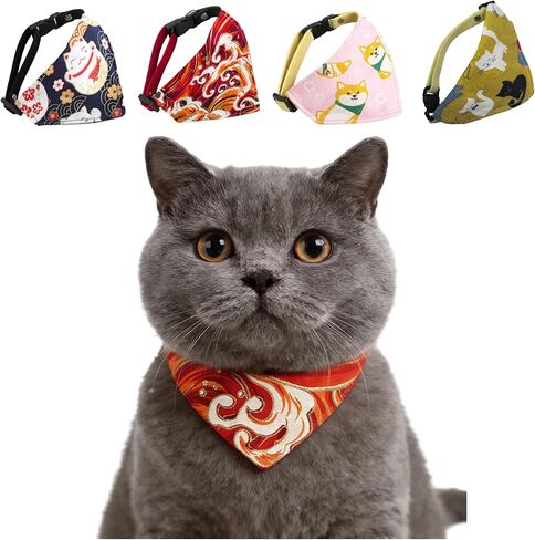 4 Pack Cat and Puppy Bandana Collar Set, Adjustable Cotton Pet Neck Scarves with Buckle, Cute Patterns for Daily Wear & Holiday Photos(4 Styles) in Kuwait