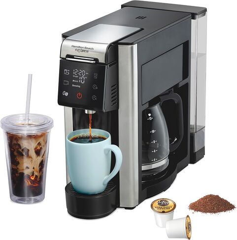 Hamilton Beach FlexBrew Advanced 5-in-1 Programmable 12 Cup Drip and Single Serve Hot & Iced Coffee Maker with Movable 60 oz. Water Reservoir, Fast Brewing, Black R49965 (Renewed) in Kuwait