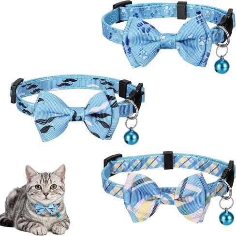 3 Pcs Cat Collar Blue, Breakaway Bow Tie Collars, Adjustable Small Puppy Safety Collar with Bell, Cute Kitten Plaid & Solid Pattern, Cute Pet Tiny Kitten Collars (Blue) in Kuwait