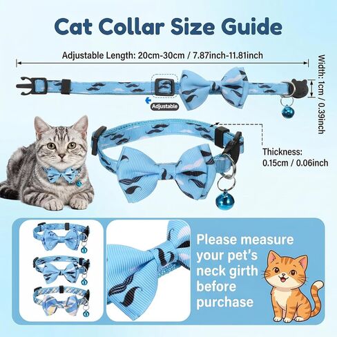 3 Pcs Cat Collar Blue, Breakaway Bow Tie Collars, Adjustable Small Puppy Safety Collar with Bell, Cute Kitten Plaid & Solid Pattern, Cute Pet Tiny Kitten Collars (Blue) in Kuwait