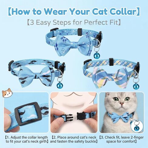 3 Pcs Cat Collar Blue, Breakaway Bow Tie Collars, Adjustable Small Puppy Safety Collar with Bell, Cute Kitten Plaid & Solid Pattern, Cute Pet Tiny Kitten Collars (Blue) in Kuwait