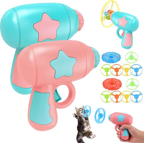 2pcs Bamboo Dragonfly Catapult Launcher, Cat Chase Fetch Toy with 6 Flying Spinners, Cat Toy Propeller Launcher for Training & Hunting, Cat & Kitten Toy with Colorful Flying Propellers (Yellow+Blue) in Kuwait