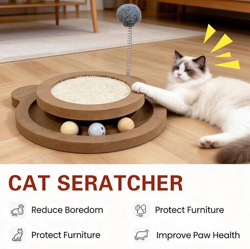 Cute Cat Scratcher,Interactive Scratcher Toys for Indoor Cats and Kitten Natural Sisal Cat Scratch Mats Track Balls Spring Toy in Kuwait