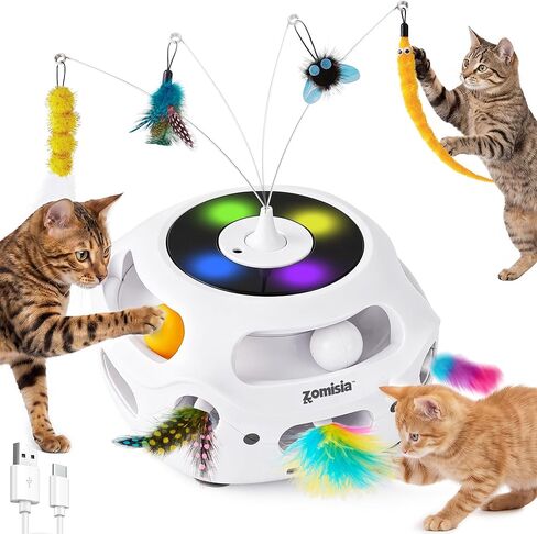 ZOMISIA 4 in 1 Automatic Interactive Cat Toy, Rechargeable Cat Toys for Indoor Cats with Fluttering Teasing Sticks, Trackballs, Shooting Feathers and Bird Chirping for Bored Indoor Adult Cats in Kuwait