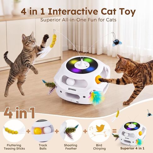 ZOMISIA 4 in 1 Automatic Interactive Cat Toy, Rechargeable Cat Toys for Indoor Cats with Fluttering Teasing Sticks, Trackballs, Shooting Feathers and Bird Chirping for Bored Indoor Adult Cats in Kuwait
