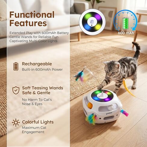 ZOMISIA 4 in 1 Automatic Interactive Cat Toy, Rechargeable Cat Toys for Indoor Cats with Fluttering Teasing Sticks, Trackballs, Shooting Feathers and Bird Chirping for Bored Indoor Adult Cats in Kuwait