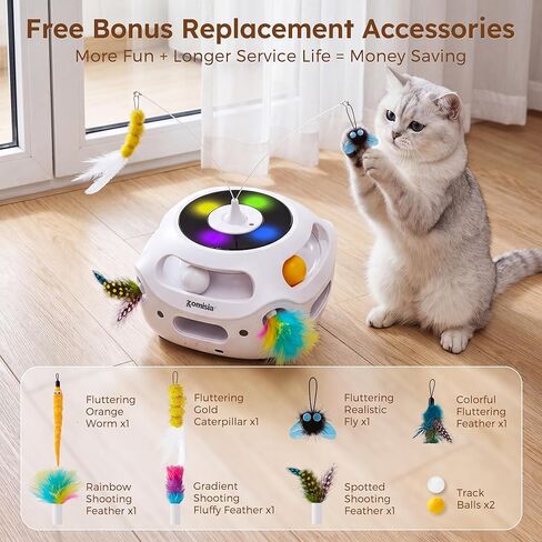 ZOMISIA 4 in 1 Automatic Interactive Cat Toy, Rechargeable Cat Toys for Indoor Cats with Fluttering Teasing Sticks, Trackballs, Shooting Feathers and Bird Chirping for Bored Indoor Adult Cats in Kuwait