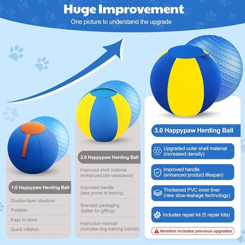 Happypaw 3.0 ترقية كرة الرعي للكلاب مقاس 18 بوصة - مقاومة معززة للمضغ ومواد شديدة التحمل، لعبة للكلاب معدات خفة الحركة للرعاة الأستراليين، كولي، تتضمن 5 رقع إصلاح in Kuwait